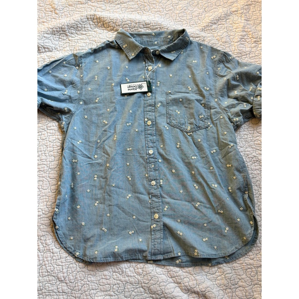 Alpine Design Womens Blue Embroidered Daisy Chambray Camp Shirt Size Large